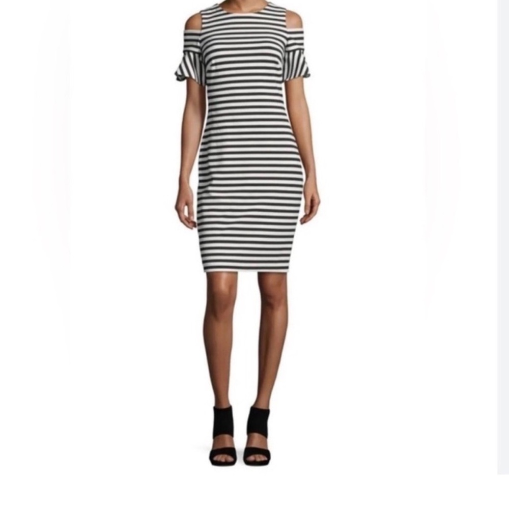 Calvin Klein Black and White Striped Dress Cold shoulder Sheath Stretch 6   #26